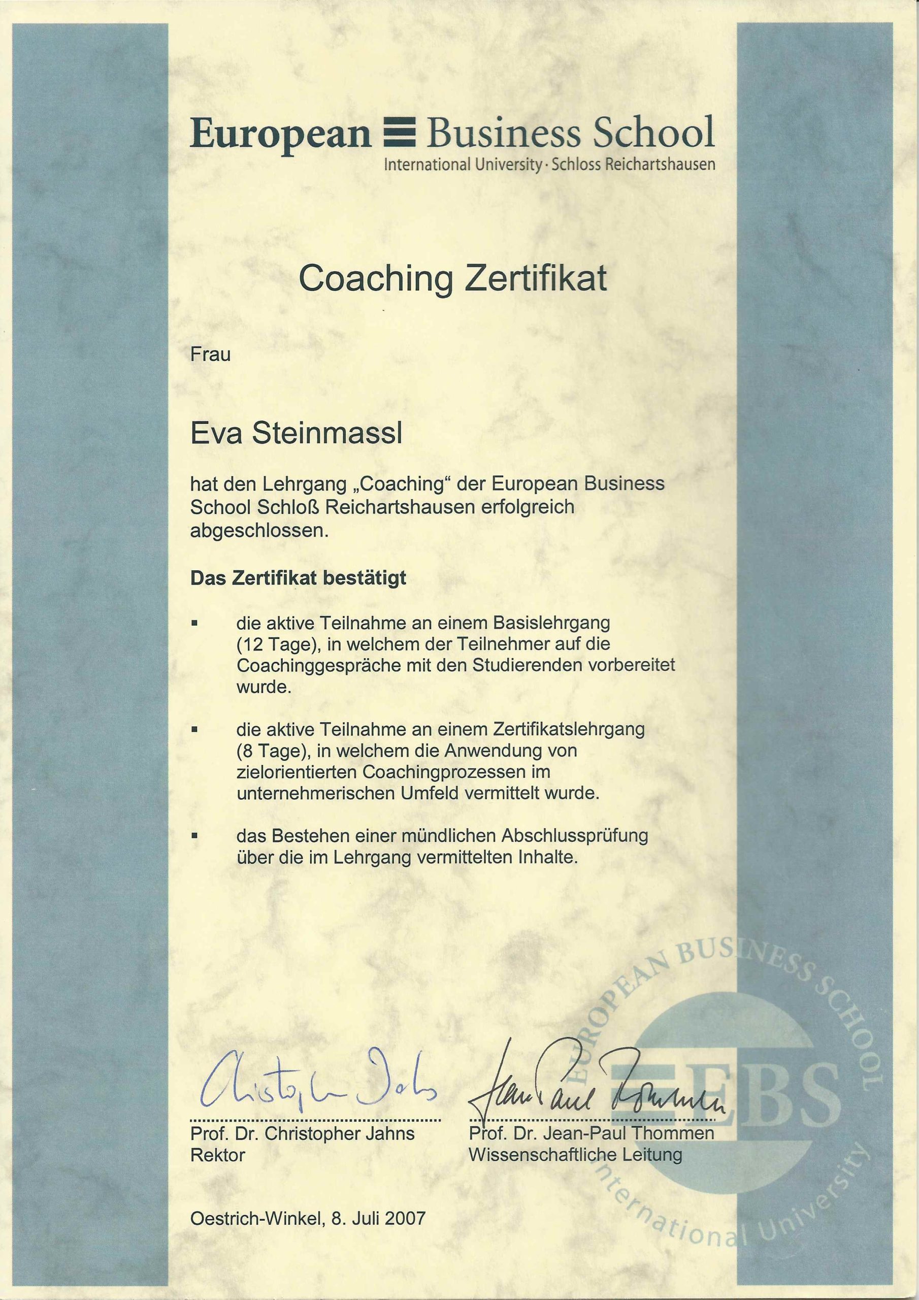 Zertifikat systemisches Coaching EBS